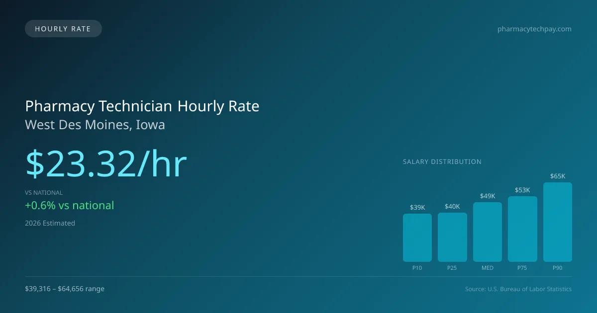 Pharmacy Technician Hourly Rate in West Des Moines, IA — 2026 est., based on 2025 BLS